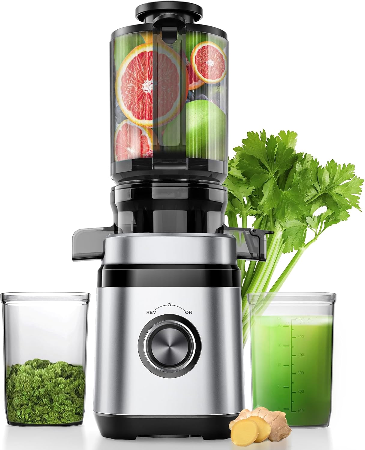 71yPLzLmEoL._AC_SL1500_.jpg Juicer Machines, Cold Press Juicer with 4.41" Wide Feed Chute, 350W Slow Masticating Juicers for Whole Vegetables & Fruits, High Juice Yield, Easy to Clean, Large Auger, Silver - Image 1